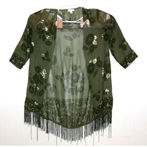 C Wonder Womens Sheer Green Floral Fringe Kimono Duster Pool Beach Swim Cover Sm